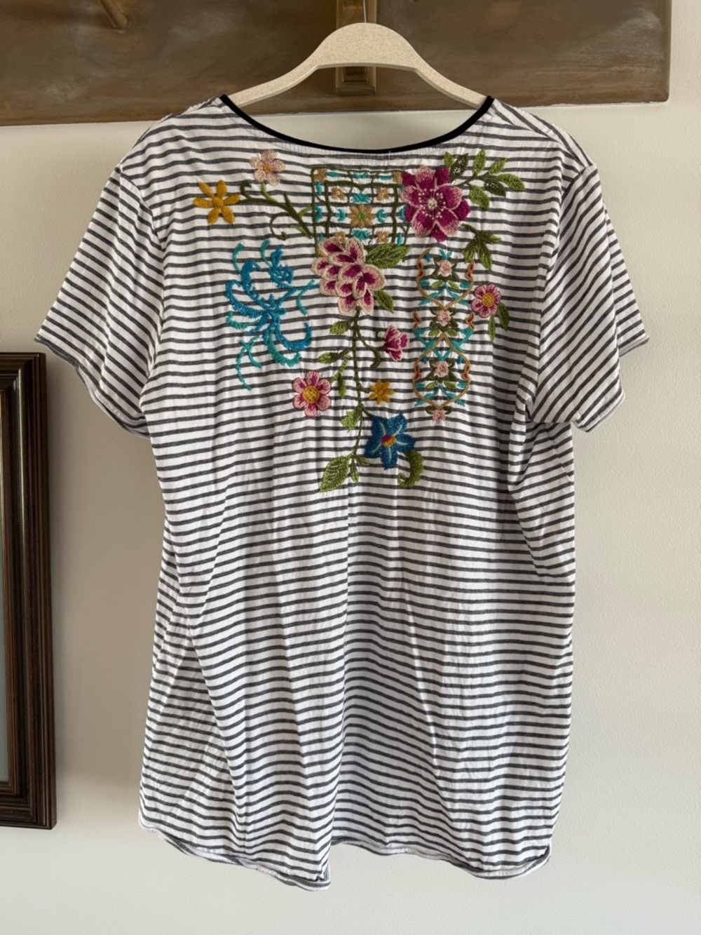 Johnny Was White Striped V-Neck Tee with Multicolor Floral Embroidery - Picture 2 of 3